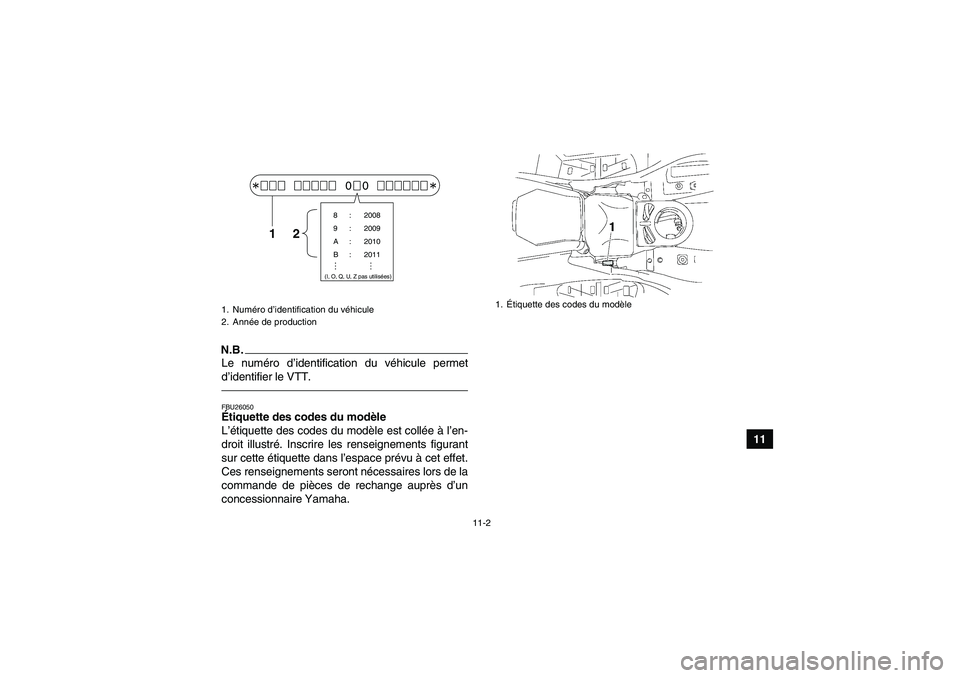 YAMAHA GRIZZLY 550 2011  Notices Demploi (in French) 11-2
11
N.B.Le numéro d’identification du véhicule permet
d’identifier le VTT.FBU26050Étiquette des codes du modèle 
L’étiquette des codes du modèle est collée à l’en-
droit illustré.