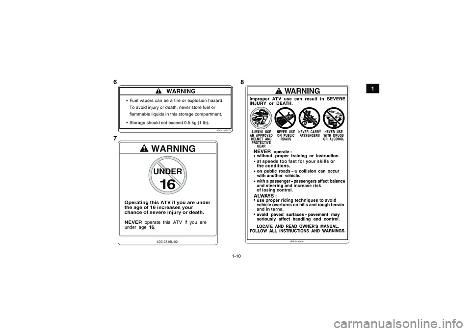 YAMAHA GRIZZLY 550 2011  Notices Demploi (in French) 1-10
1
8 6
7
U28P62F0.book  Page 10  Friday, March 12, 2010  9:40 AM 
