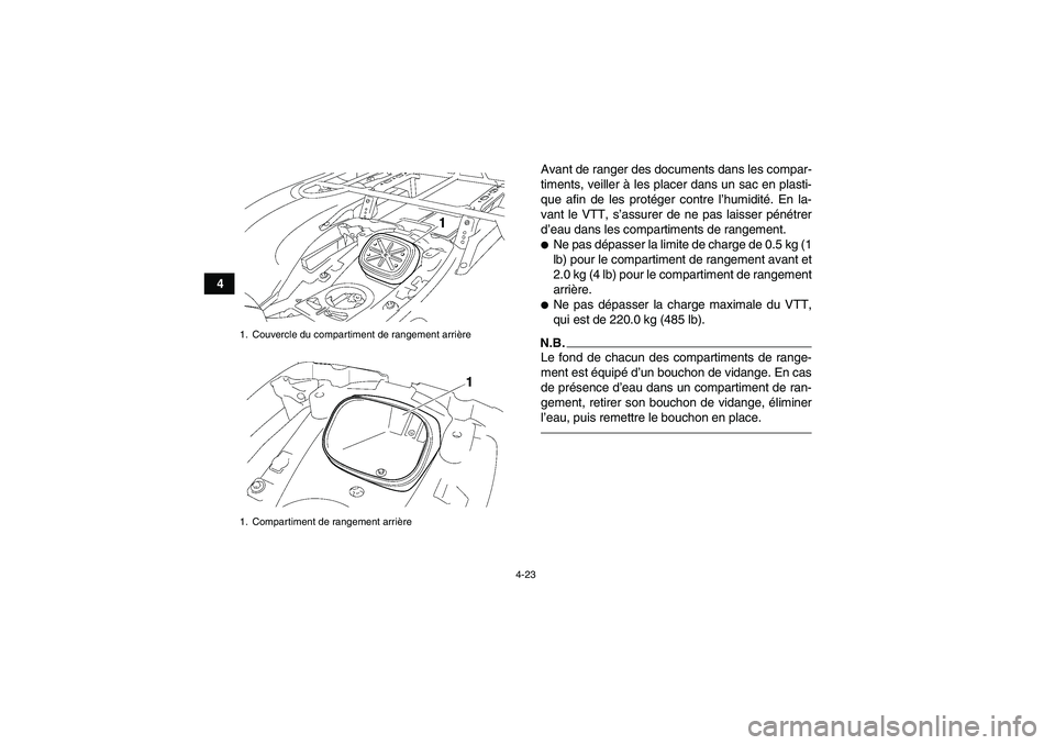 YAMAHA GRIZZLY 550 2011  Notices Demploi (in French) 4-23
4Avant de ranger des documents dans les compar-
timents, veiller à les placer dans un sac en plasti-
que afin de les protéger contre l’humidité. En la-
vant le VTT, s’assurer de ne pas lai
