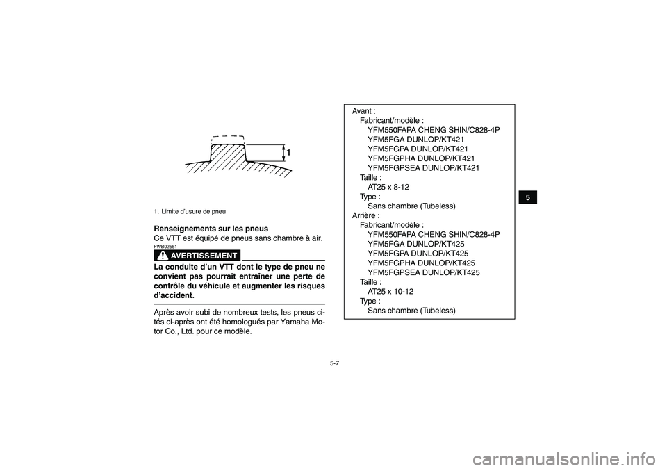 YAMAHA GRIZZLY 550 2011  Notices Demploi (in French) 5-7
5
Renseignements sur les pneus
Ce VTT est équipé de pneus sans chambre à air.
AVERTISSEMENT
FWB02551La conduite d’un VTT dont le type de pneu ne
convient pas pourrait entraîner une perte de
