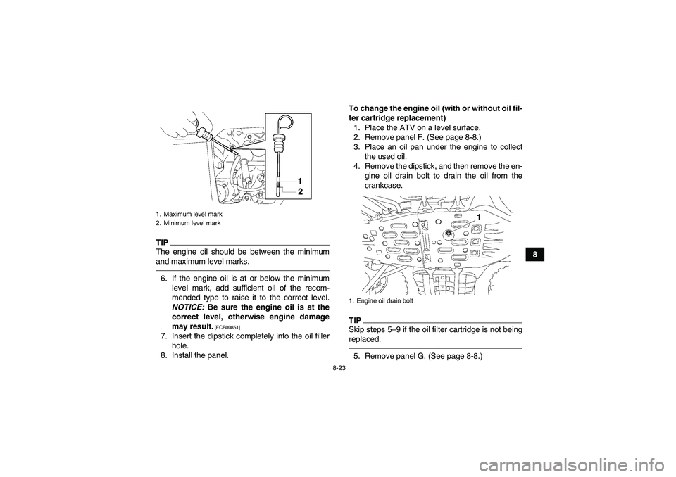 YAMAHA GRIZZLY 550 2010  Owners Manual 8-23
8
TIPThe engine oil should be between the minimum
and maximum level marks.6. If the engine oil is at or below the minimum
level mark, add sufficient oil of the recom-
mended type to raise it to t