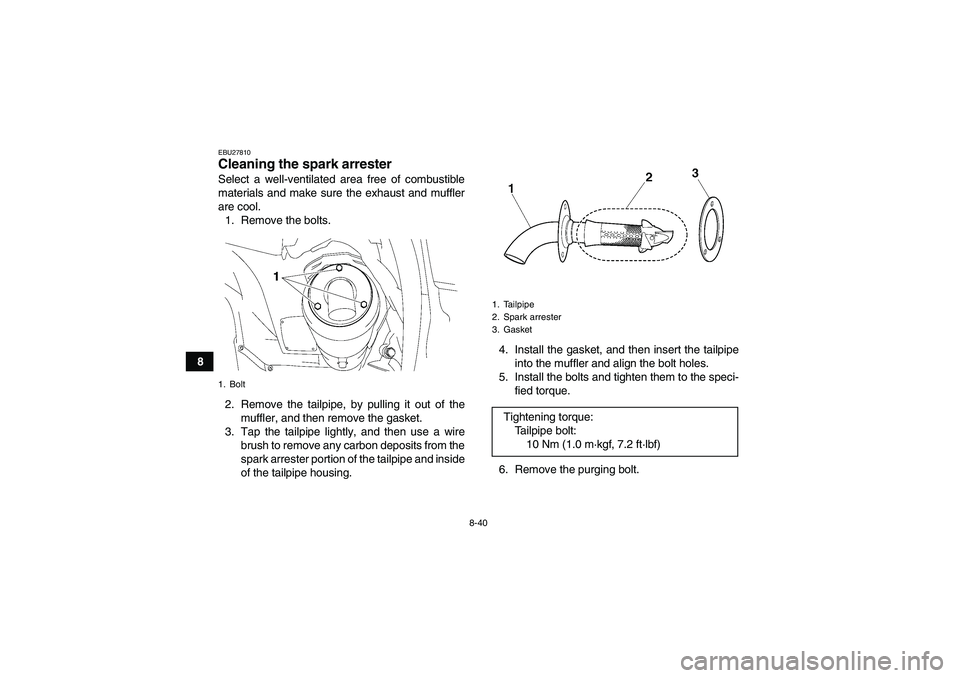 YAMAHA GRIZZLY 550 2010  Owners Manual 8-40
8
EBU27810Cleaning the spark arrester Select a well-ventilated area free of combustible
materials and make sure the exhaust and muffler
are cool.
1. Remove the bolts.
2. Remove the tailpipe, by p
