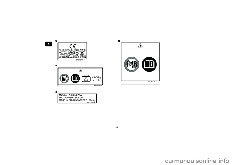 YAMAHA GRIZZLY 550 2010 User Guide 1-3
1
5PG-2817L-10
YEAR OF CONSTRUCTION 
: 2009
YAMAHA MOTOR CO., LTD.
2500 SHINGAI, IWATA, JAPAN
4D3-2816L-20
43P-2816N-00< 0.5 kg
  (   1 lb )
MODEL : YFM550FWA
MAX.POWER : 27.5 kWMASS IN RUNNING OR