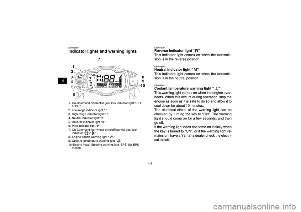 YAMAHA GRIZZLY 550 2010  Owners Manual 4-2
4
EBU26693Indicator lights and warning lights 
EBU17830Reverse indicator light“” 
This indicator light comes on when the transmis-
sion is in the reverse position.EBU17860Neutral indicator lig