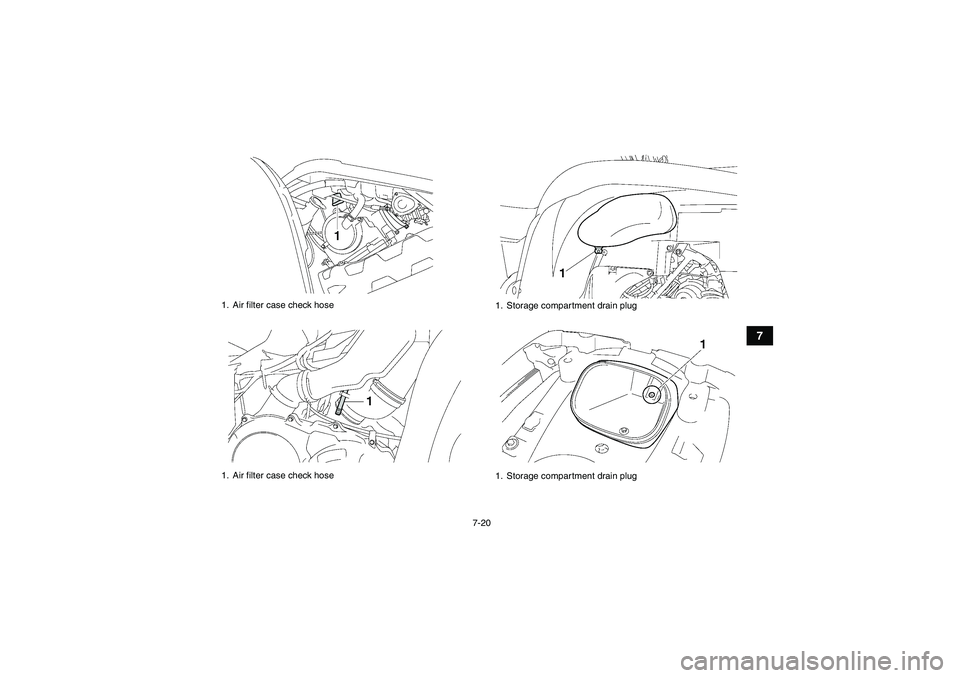 YAMAHA GRIZZLY 550 2010 Manual Online 7-20
7
1. Air filter case check hose
1. Air filter case check hose
1. Storage compartment drain plug
1. Storage compartment drain plug
U28P61E0.book  Page 20  Wednesday, March 18, 2009  9:25 AM 