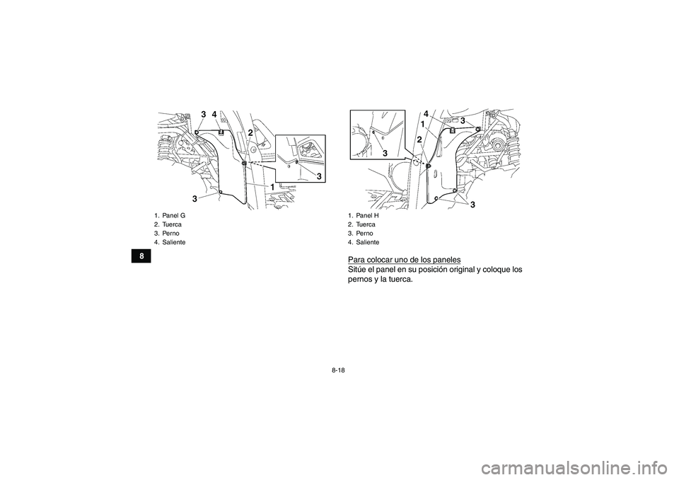 YAMAHA GRIZZLY 550 2010  Manuale de Empleo (in Spanish) 8-18
8
Para colocar uno de los paneles
Sitúe el panel en su posición original y coloque los
pernos y la tuerca.
1. Panel G
2. Tuerca
3. Perno
4. Saliente
1. Panel H
2. Tuerca
3. Perno
4. Saliente
U2
