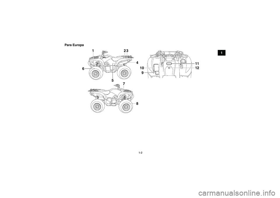 YAMAHA GRIZZLY 550 2010 Manuale de Empleo (in Spanish) 1-2
1 Para Europa
123
4
5 6
7
810
911
12
U28P61S0.book Page 2 Wednesday, March 18, 2009 9:46 AM YAMAHA GRIZZLY 550 2010 Manuale de Empleo (in Spanish) 1-2
1 Para Europa
123
4
5 6
7
810
911
12
U28P61S0.book Page 2 Wednesday, March 18, 2009 9:46 AM