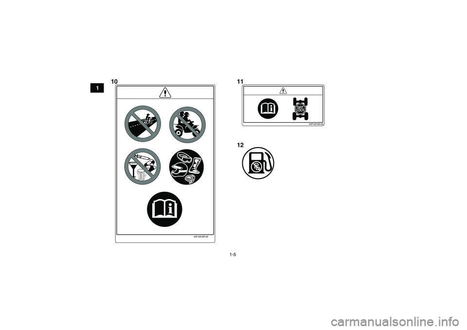 YAMAHA GRIZZLY 550 2010 Manuale de Empleo (in Spanish) 1-5
1
43P-2816R-00
43P-2816S-00
10 11
12
U28P61S0.book Page 5 Wednesday, March 18, 2009 9:46 AM YAMAHA GRIZZLY 550 2010 Manuale de Empleo (in Spanish) 1-5
1
43P-2816R-00
43P-2816S-00
10 11
12
U28P61S0.book Page 5 Wednesday, March 18, 2009 9:46 AM