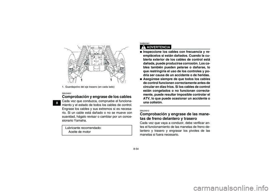 YAMAHA GRIZZLY 550 2010  Manuale de Empleo (in Spanish) 8-54
8
SBU24901Comprobación y engrase de los cables Cada vez que conduzca, compruebe el funciona-
miento y el estado de todos los cables de control.
Engrase los cables y sus extremos si es necesa-
ri