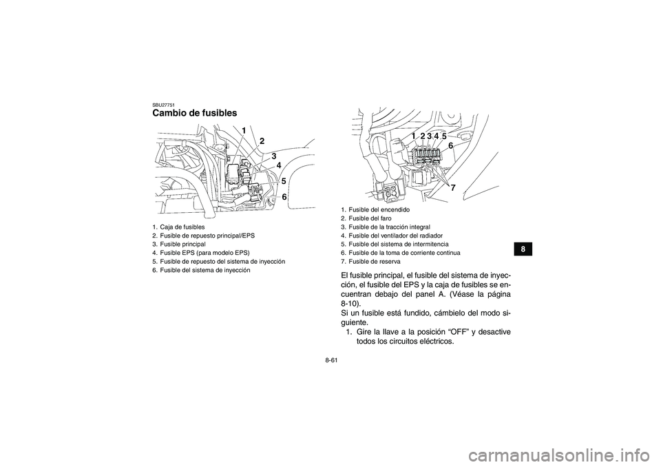 YAMAHA GRIZZLY 550 2010  Manuale de Empleo (in Spanish) 8-61
8
SBU27751Cambio de fusibles 
El fusible principal, el fusible del sistema de inyec-
ción, el fusible del EPS y la caja de fusibles se en-
cuentran debajo del panel A. (Véase la página
8-10).
