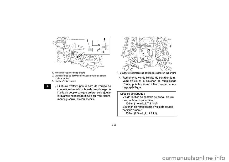 YAMAHA GRIZZLY 550 2010 Notices Demploi (in French) 8-28
83. Si l’huile n’atteint pas le bord de l’orifice de
contrôle, retirer le bouchon de remplissage de
l’huile du couple conique arrière, puis ajouter
la quantité nécessaire d’huile du YAMAHA GRIZZLY 550 2010 Notices Demploi (in French) 8-28
83. Si l’huile n’atteint pas le bord de l’orifice de
contrôle, retirer le bouchon de remplissage de
l’huile du couple conique arrière, puis ajouter
la quantité nécessaire d’huile du