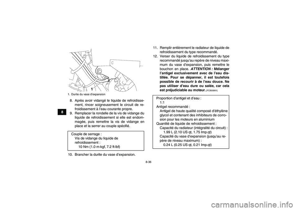 YAMAHA GRIZZLY 550 2010  Notices Demploi (in French) 8-36
88. Après avoir vidangé le liquide de refroidisse-
ment, rincer soigneusement le circuit de re-
froidissement à l’eau courante propre.
9. Remplacer la rondelle de la vis de vidange du
liquid