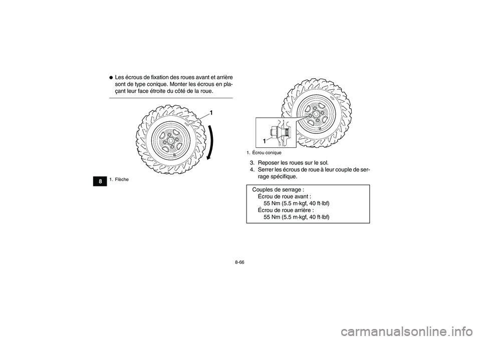 YAMAHA GRIZZLY 550 2010  Notices Demploi (in French) 8-66
8
Les écrous de fixation des roues avant et arrière
sont de type conique. Monter les écrous en pla-
çant leur face étroite du côté de la roue.
3. Reposer les roues sur le sol.
4. Serrer l
