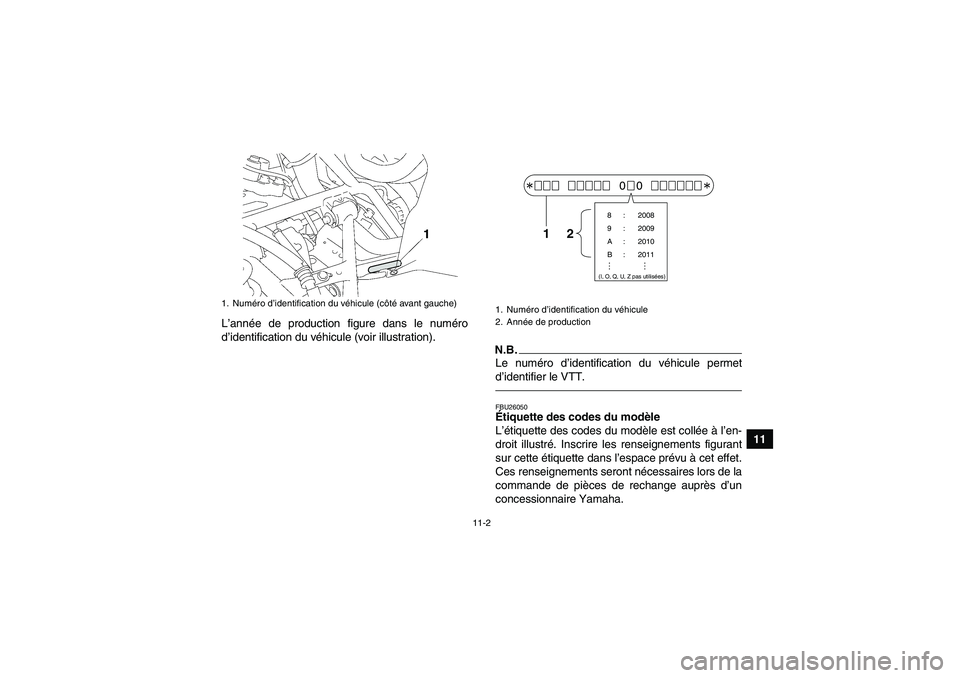 YAMAHA GRIZZLY 550 2010 Notices Demploi (in French) 11-2
11 L’année de production figure dans le numéro
d’identification du véhicule (voir illustration).
N.B.Le numéro d’identification du véhicule permet
d’identifier le VTT.FBU26050Étique YAMAHA GRIZZLY 550 2010 Notices Demploi (in French) 11-2
11 L’année de production figure dans le numéro
d’identification du véhicule (voir illustration).
N.B.Le numéro d’identification du véhicule permet
d’identifier le VTT.FBU26050Étique