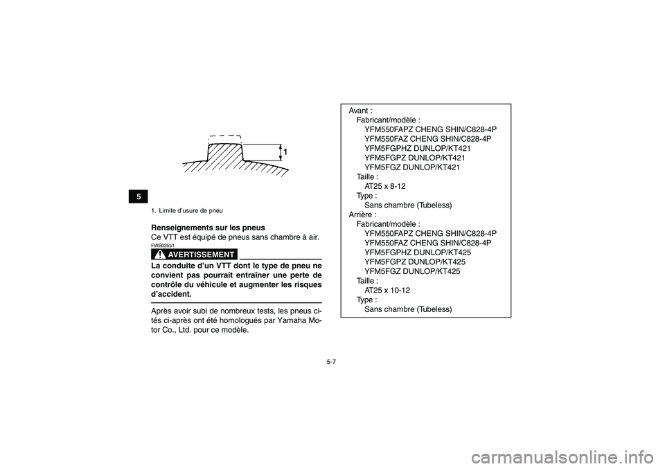 YAMAHA GRIZZLY 550 2010  Notices Demploi (in French) 5-7
5
Renseignements sur les pneus
Ce VTT est équipé de pneus sans chambre à air.
AVERTISSEMENT
FWB02551La conduite d’un VTT dont le type de pneu ne
convient pas pourrait entraîner une perte de
