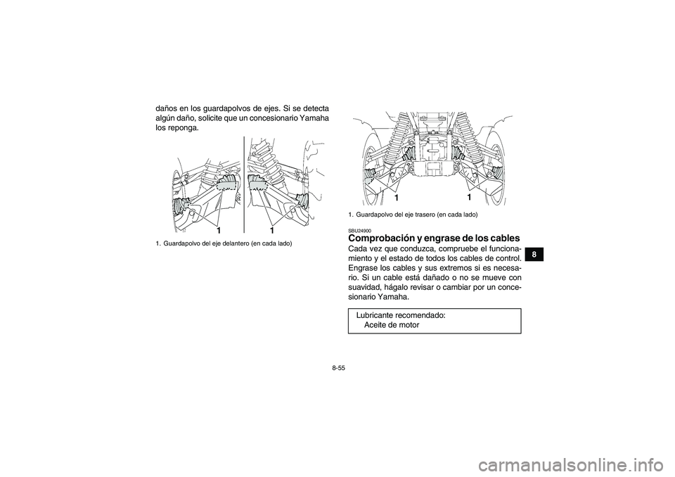YAMAHA GRIZZLY 550 2009  Manuale de Empleo (in Spanish) 8-55
8 daños en los guardapolvos de ejes. Si se detecta
algún daño, solicite que un concesionario Yamaha
los reponga.
SBU24900Comprobación y engrase de los cables Cada vez que conduzca, compruebe 