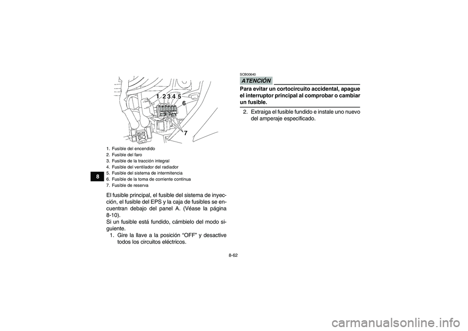 YAMAHA GRIZZLY 550 2009  Manuale de Empleo (in Spanish) 8-62
8
El fusible principal, el fusible del sistema de inyec-
ción, el fusible del EPS y la caja de fusibles se en-
cuentran debajo del panel A. (Véase la página
8-10).
Si un fusible está fundido,