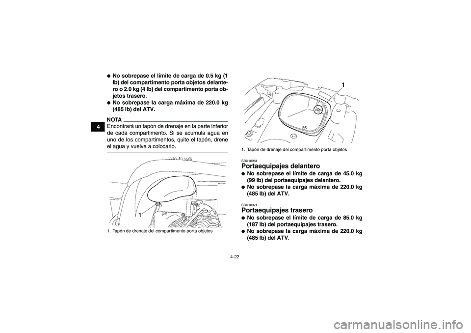 YAMAHA GRIZZLY 550 2009  Manuale de Empleo (in Spanish) 4-22
4
No sobrepase el límite de carga de 0.5 kg (1
lb) del compartimento porta objetos delante-
ro o 2.0 kg (4 lb) del compartimento porta ob-
jetos trasero.No sobrepase la carga máxima de 220.0 