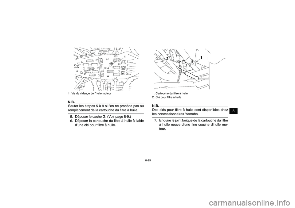 YAMAHA GRIZZLY 550 2009  Notices Demploi (in French) 8-25
8
N.B.Sauter les étapes 5 à 9 si l’on ne procède pas auremplacement de la cartouche du filtre à huile.
5. Déposer le cache G. (Voir page 8-9.)
6. Déposer la cartouche du filtre à huile 