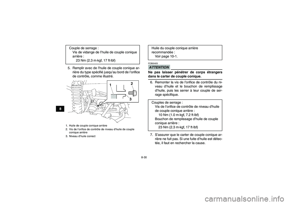 YAMAHA GRIZZLY 550 2009  Notices Demploi (in French) 8-30
85. Remplir avec de l’huile de couple conique ar-
rière du type spécifié jusqu’au bord de l’orifice
de contrôle, comme illustré.
ATTENTIONFCB00420Ne pas laisser pénétrer de corps ét