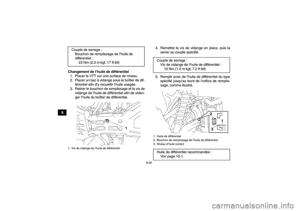 YAMAHA GRIZZLY 550 2009  Notices Demploi (in French) 8-32
8Changement de l’huile de différentiel
1. Placer le VTT sur une surface de niveau.
2. Placer un bac à vidange sous le boîtier de dif-
férentiel afin d’y recueillir l’huile usagée.
3. R
