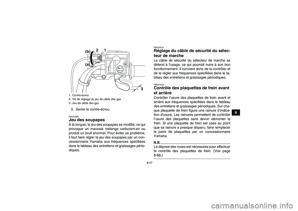 YAMAHA GRIZZLY 550 2009  Notices Demploi (in French) 8-47
8 3. Serrer le contre-écrou.
FBU24060Jeu des soupapes À la longue, le jeu des soupapes se modifie, ce qui
provoque un mauvais mélange carburant-air ou
produit un bruit anormal. Pour éviter ce
