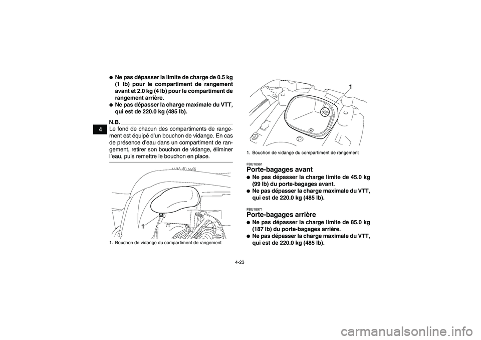 YAMAHA GRIZZLY 550 2009  Notices Demploi (in French) 4-23
4
Ne pas dépasser la limite de charge de 0.5 kg
(1 lb) pour le compartiment de rangement
avant et 2.0 kg (4 lb) pour le compartiment de
rangement arrière.Ne pas dépasser la charge maximale d