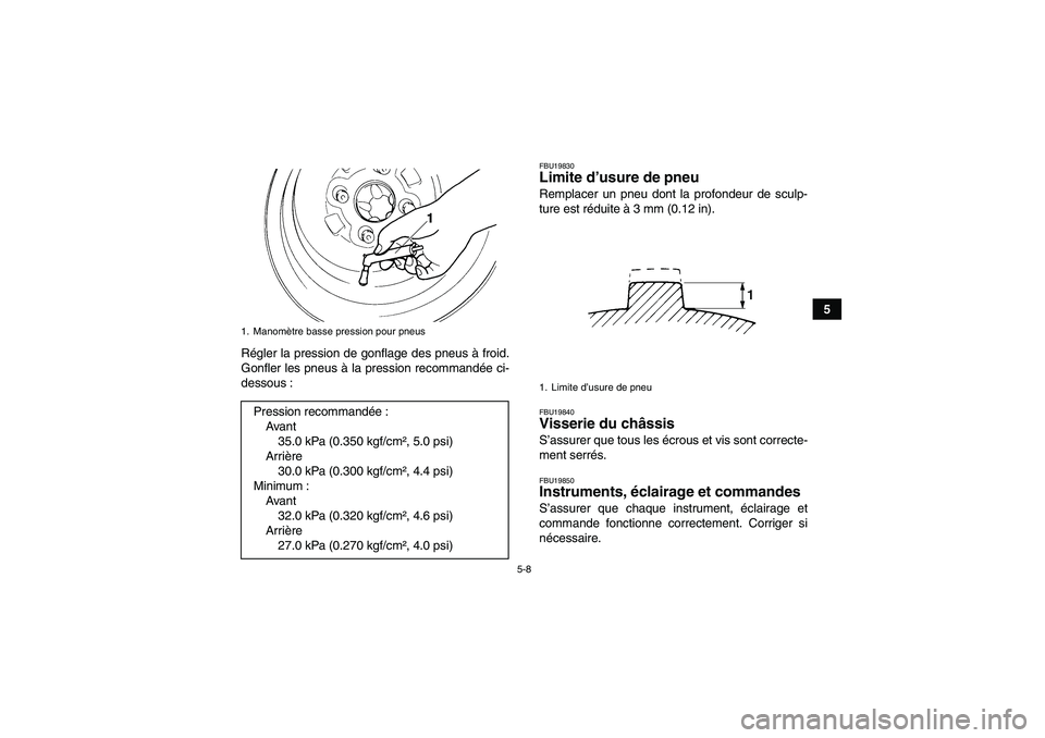 YAMAHA GRIZZLY 550 2009  Notices Demploi (in French) 5-8
5
Régler la pression de gonflage des pneus à froid.
Gonfler les pneus à la pression recommandée ci-
dessous :
FBU19830Limite d’usure de pneu Remplacer un pneu dont la profondeur de sculp-
tu