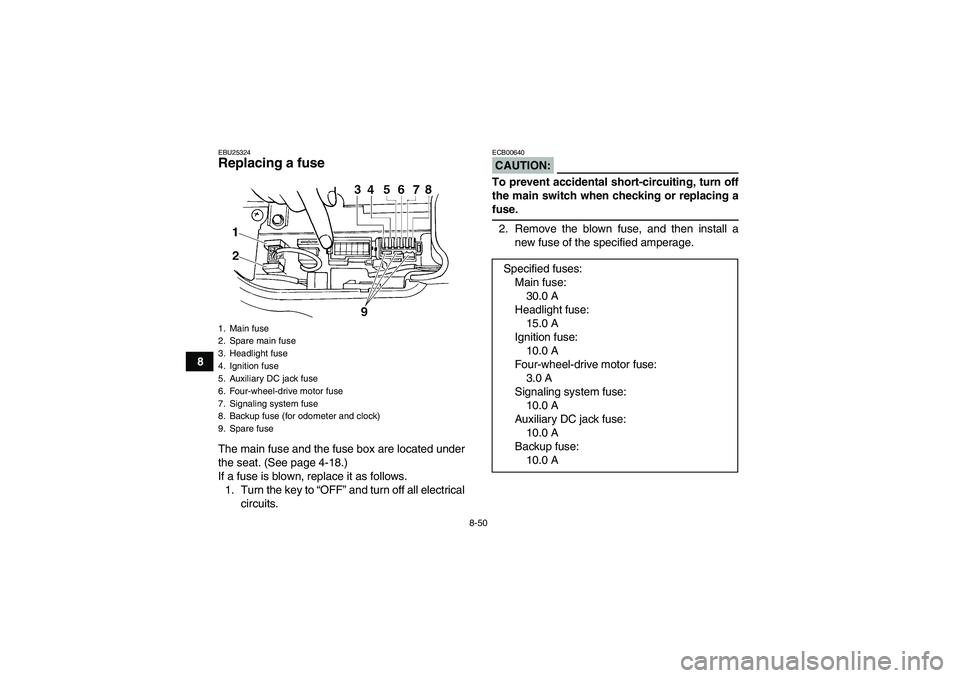 YAMAHA GRIZZLY 660 2008  Owners Manual 8-50
8
EBU25324Replacing a fuse The main fuse and the fuse box are located under
the seat. (See page 4-18.)
If a fuse is blown, replace it as follows.
1. Turn the key to “OFF” and turn off all ele
