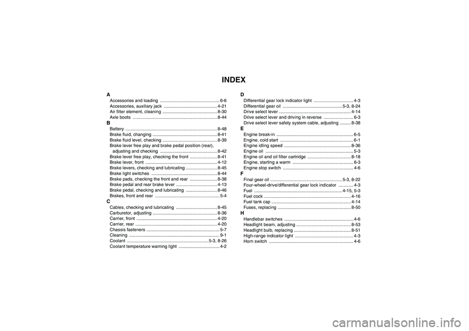 YAMAHA GRIZZLY 660 2008  Owners Manual INDEX
AAccessories and loading  ................................................ 6-6
Accessories, auxiliary jack  ........................................... 4-21
Air filter element, cleaning  .......