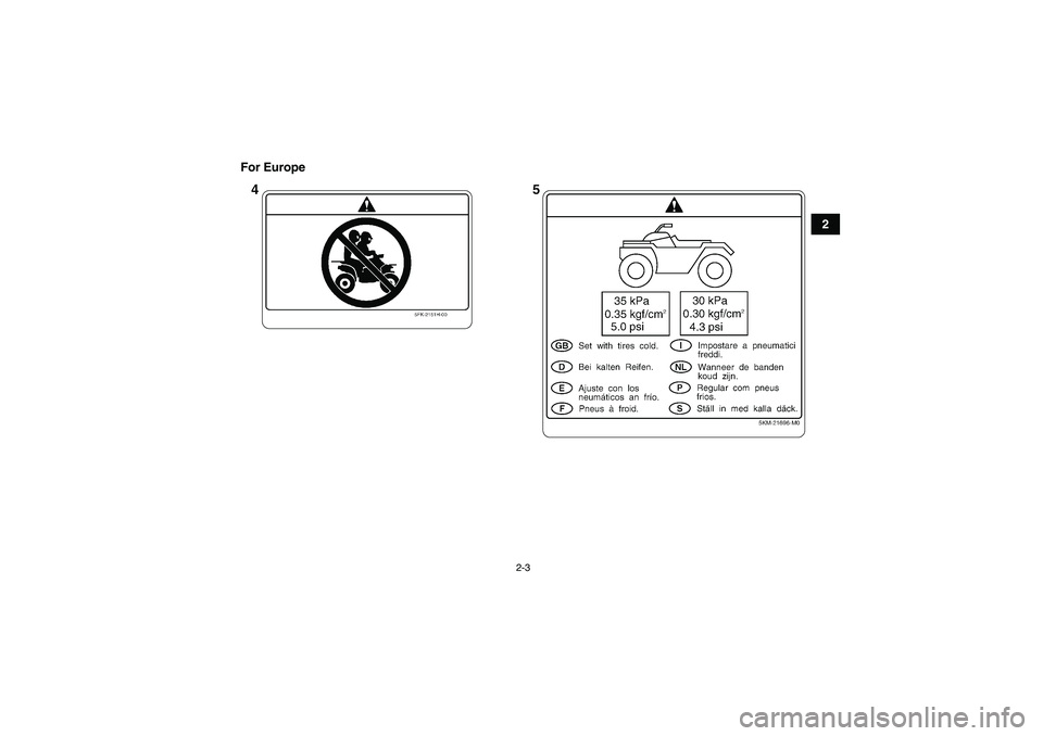 YAMAHA GRIZZLY 660 2008 User Guide 2-3
2 For Europe
U23D60E0.book  Page 3  Thursday, March 15, 2007  7:59 PM 