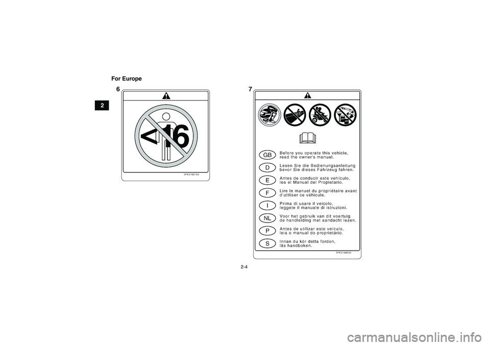 YAMAHA GRIZZLY 660 2008 User Guide 2-4
2For Europe
U23D60E0.book  Page 4  Thursday, March 15, 2007  7:59 PM 