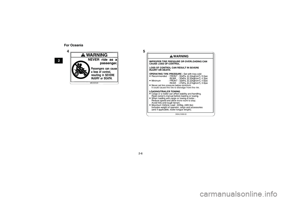 YAMAHA GRIZZLY 660 2008 User Guide 2-6
2For Oceania
U23D60E0.book  Page 6  Thursday, March 15, 2007  7:59 PM 