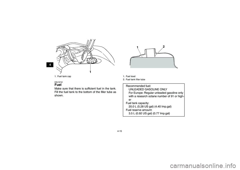 YAMAHA GRIZZLY 660 2008 Owners Guide 4-15
4
EBU18752Fuel Make sure that there is sufficient fuel in the tank.
Fill the fuel tank to the bottom of the filler tube as
shown.1. Fuel tank cap
1. Fuel level
2. Fuel tank filler tubeRecommended