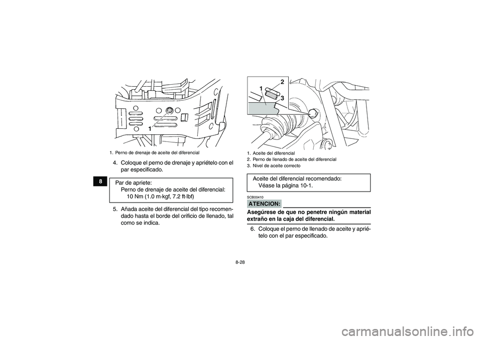 YAMAHA GRIZZLY 660 2008  Manuale de Empleo (in Spanish) 8-28
84. Coloque el perno de drenaje y apriételo con el
par especificado.
5. Añada aceite del diferencial del tipo recomen-
dado hasta el borde del orificio de llenado, tal
como se indica.
ATENCION: