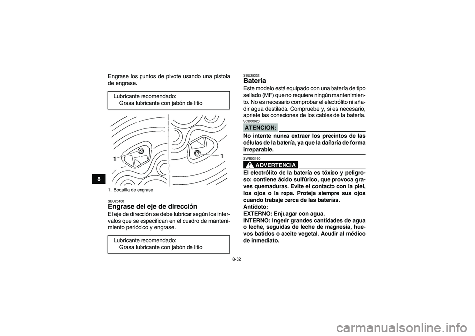 YAMAHA GRIZZLY 660 2008  Manuale de Empleo (in Spanish) 8-52
8Engrase los puntos de pivote usando una pistola
de engrase.
SBU25100Engrase del eje de dirección El eje de dirección se debe lubricar según los inter-
valos que se especifican en el cuadro de