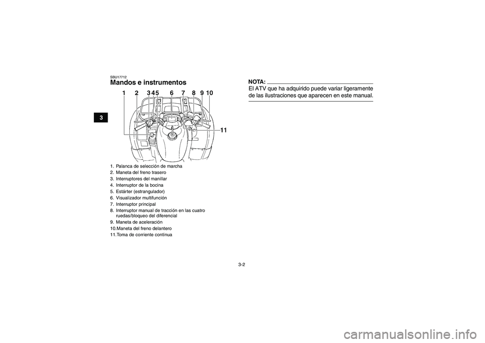 YAMAHA GRIZZLY 660 2008  Manuale de Empleo (in Spanish) 3-2
3
SBU17712Mandos e instrumentos
NOTA:El ATV que ha adquirido puede variar ligeramentede las ilustraciones que aparecen en este manual.
1. Palanca de selección de marcha
2. Maneta del freno traser