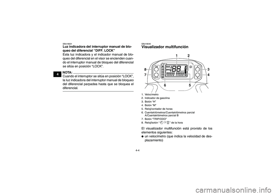 YAMAHA GRIZZLY 660 2008  Manuale de Empleo (in Spanish) 4-4
4
SBU18001Luz indicadora del interruptor manual de blo-
queo del diferencial “DIFF. LOCK” 
Esta luz indicadora y el indicador manual de blo-
queo del diferencial en el visor se encienden cuan-
