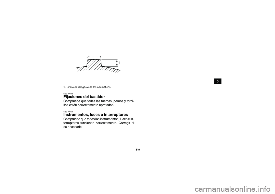 YAMAHA GRIZZLY 660 2008  Manuale de Empleo (in Spanish) 5-9
5
SBU19840Fijaciones del bastidor Compruebe que todas las tuercas, pernos y torni-
llos estén correctamente apretados.SBU19850Instrumentos, luces e interruptores Compruebe que todos los instrumen