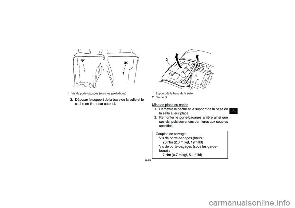 YAMAHA GRIZZLY 660 2008  Notices Demploi (in French) 8-15
8 3. Déposer le support de la base de la selle et le
cache en tirant sur ceux-ci.
Mise en place du cache
1. Remettre le cache et le support de la base de
la selle à leur place.
2. Remonter le p