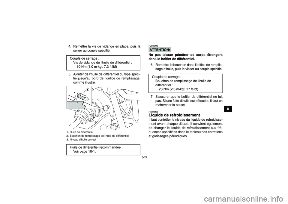 YAMAHA GRIZZLY 660 2008  Notices Demploi (in French) 8-27
8 4. Remettre la vis de vidange en place, puis la
serrer au couple spécifié.
5. Ajouter de l’huile de différentiel du type spéci-
fié jusqu’au bord de l’orifice de remplissage,
comme i