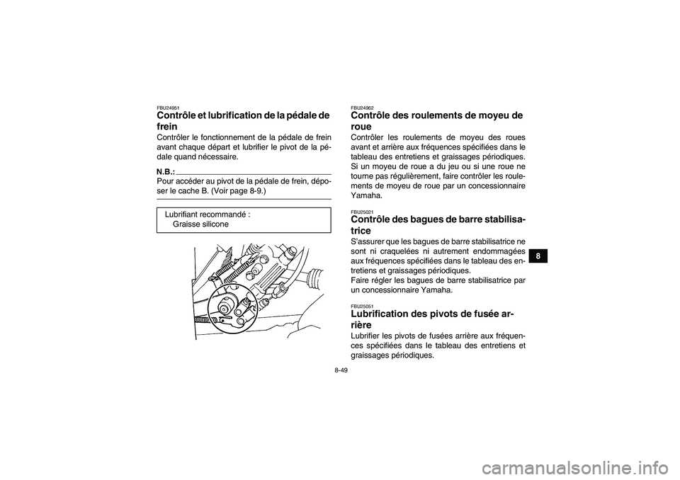 YAMAHA GRIZZLY 660 2008  Notices Demploi (in French) 8-49
8
FBU24951Contrôle et lubrification de la pédale de 
frein Contrôler le fonctionnement de la pédale de frein
avant chaque départ et lubrifier le pivot de la pé-
dale quand nécessaire.N.B.: