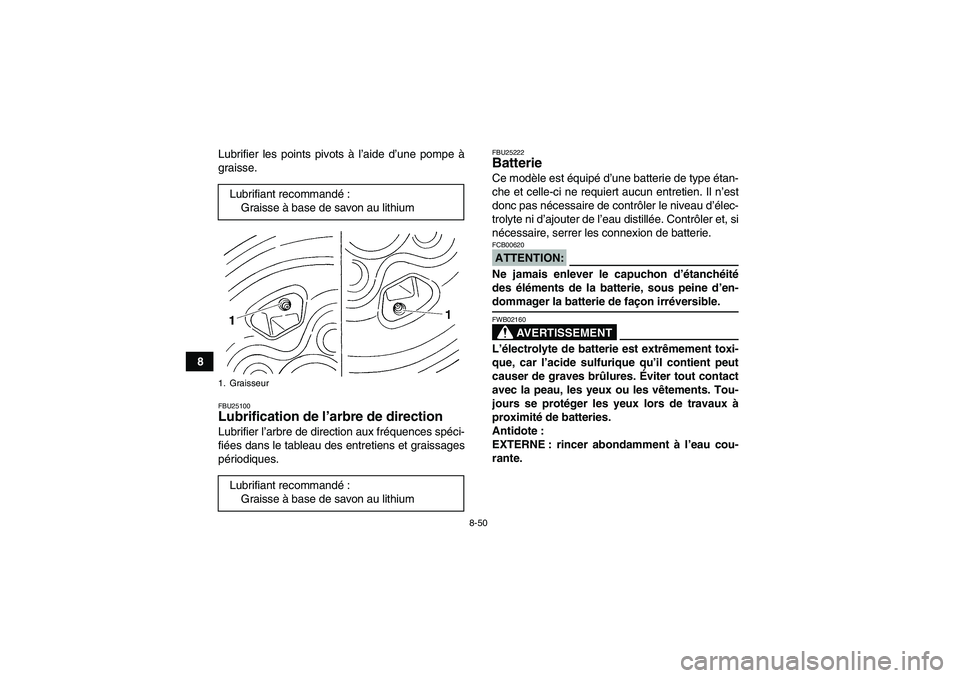 YAMAHA GRIZZLY 660 2008  Notices Demploi (in French) 8-50
8Lubrifier les points pivots à l’aide d’une pompe à
graisse.
FBU25100Lubrification de l’arbre de direction Lubrifier l’arbre de direction aux fréquences spéci-
fiées dans le tableau 