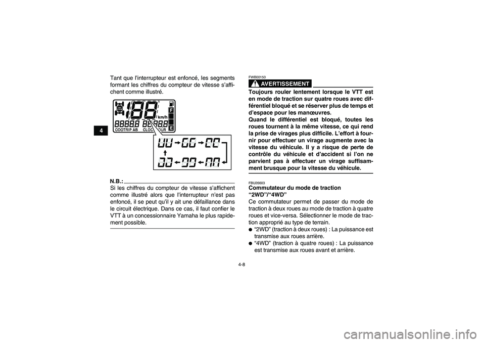 YAMAHA GRIZZLY 660 2008  Notices Demploi (in French) 4-8
4Tant que l’interrupteur est enfoncé, les segments
formant les chiffres du compteur de vitesse s’affi-
chent comme illustré.
N.B.:Si les chiffres du compteur de vitesse s’affichent
comme i