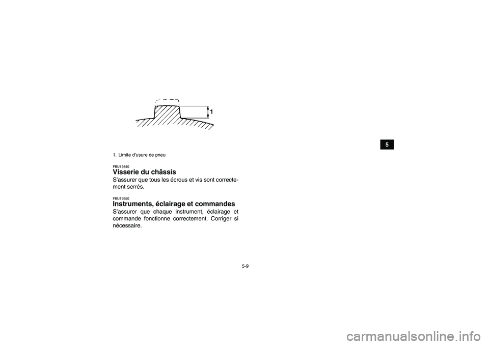 YAMAHA GRIZZLY 660 2008  Notices Demploi (in French) 5-9
5
FBU19840Visserie du châssis S’assurer que tous les écrous et vis sont correcte-
ment serrés.FBU19850Instruments, éclairage et commandes S’assurer que chaque instrument, éclairage et
com