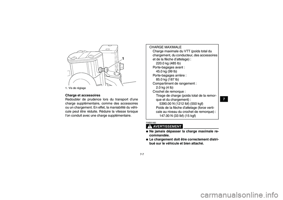 YAMAHA GRIZZLY 660 2008  Notices Demploi (in French) 7-7
7 Charge et accessoires
Redoubler de prudence lors du transport d’une
charge supplémentaire, comme des accessoires
ou un chargement. En effet, la maniabilité du véhi-
cule peut être réduite