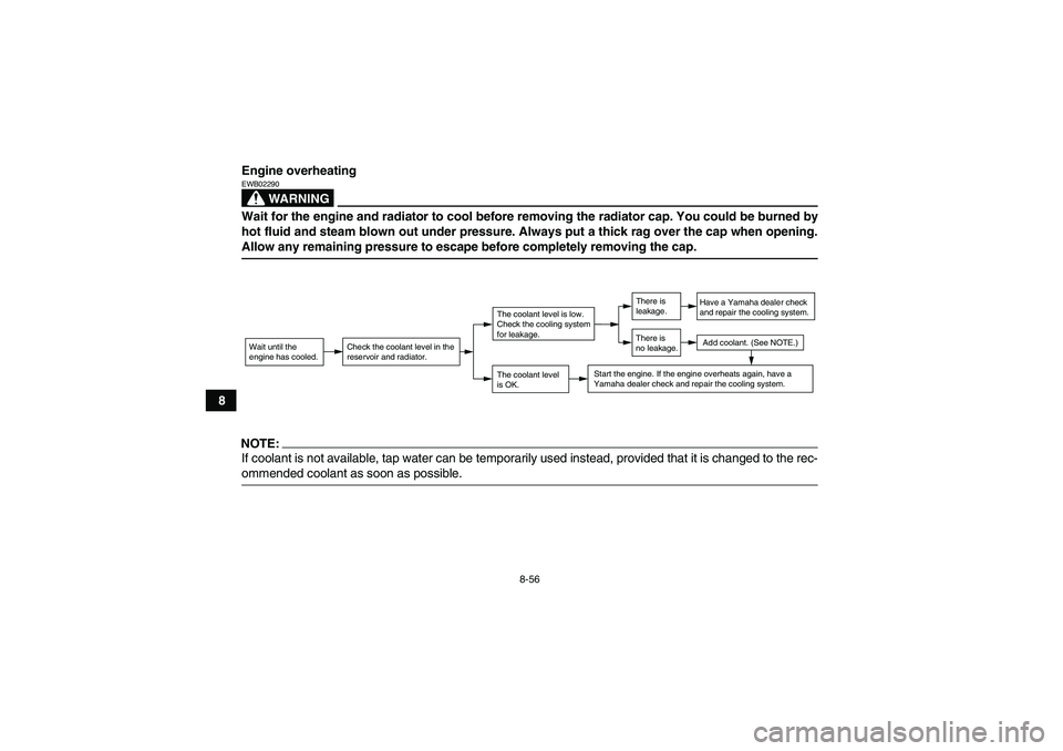 YAMAHA GRIZZLY 660 2007 Owners Manual 8-56
8Engine overheating
WARNING
EWB02290Wait for the engine and radiator to cool before removing the radiator cap. You could be burned by
hot fluid and steam blown out under pressure. Always put a th