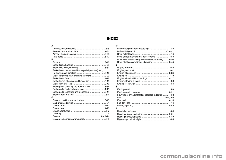 YAMAHA GRIZZLY 660 2007  Owners Manual INDEX
AAccessories and loading  ................................................ 6-6
Accessories, auxiliary jack  ........................................... 4-21
Air filter element, cleaning  .......