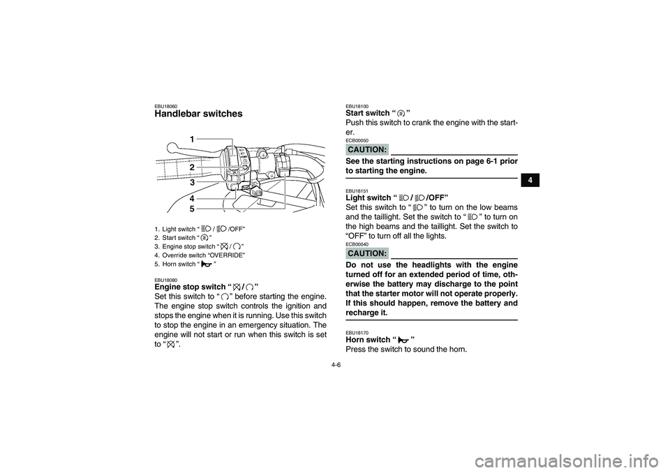 YAMAHA GRIZZLY 660 2007 Owners Manual 4-6
4
EBU18060Handlebar switches EBU18080Engine stop switch “/” 
Set this switch to “” before starting the engine.
The engine stop switch controls the ignition and
stops the engine when it is 