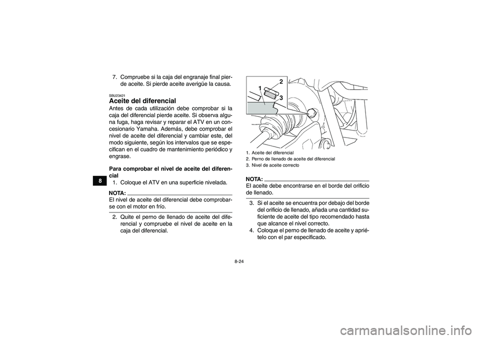 YAMAHA GRIZZLY 660 2007  Manuale de Empleo (in Spanish) 8-24
87. Compruebe si la caja del engranaje final pier-
de aceite. Si pierde aceite averigüe la causa.
SBU23421Aceite del diferencial Antes de cada utilización debe comprobar si la
caja del diferenc